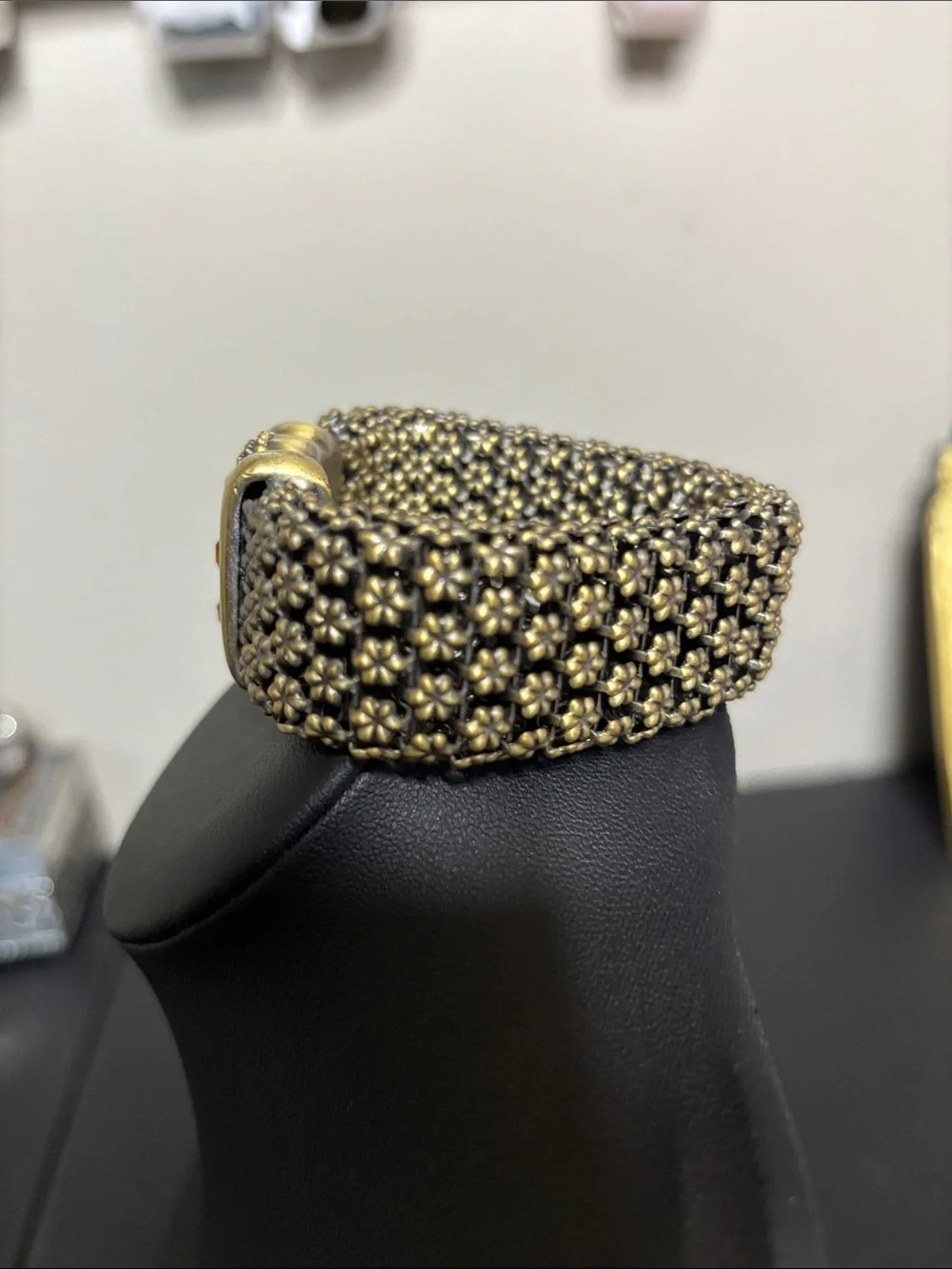 Antique Gold Floral Mesh Cuff Bracelet with Amber Stones
